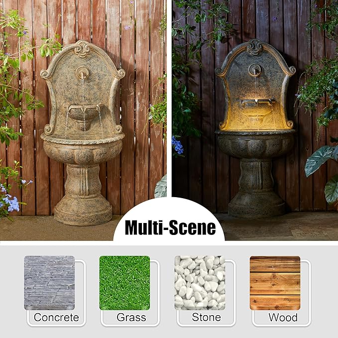 Glitzhome Outdoor Wall Mounted Water Fountain with LED Light and Pump, Antique European Style Multi-Tiered Faux Granite Sculptural Pedestal Outdoor Fountain for Porch Deck Patio Backyard, 49.25" H
