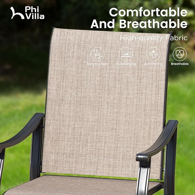 PHI VILLA 5 pcs Patio Dining Table and Chairs,Textilene Dining Chairs Sturdy and Durable and Square Metal Table with Wooden Table Top,Black Frame with E-Coating for Lawn,Garden