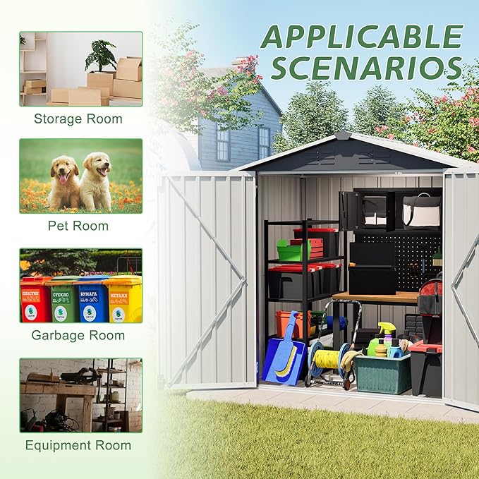 6x4 FT Shed Outdoor Storage Metal Large Garden Tool Sheds with Lockable Doors Slooping Roof Floor Frame Waterproof Steel Utility Equipment Shed for Backyard Patio Lawn Poolside, Grey