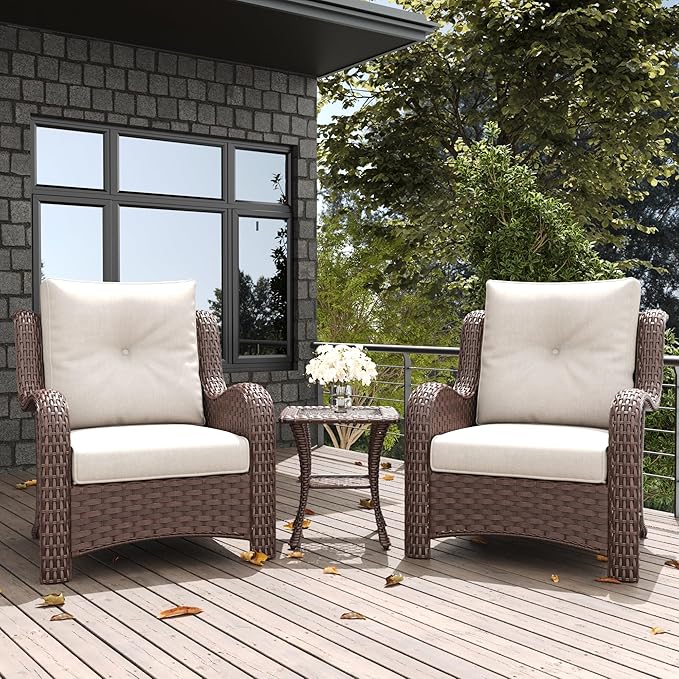 LayinSun 3 Pieces Outdoor Patio Furniture Set, Rattan Wicker Chairs Sets with Armchairs and Coffee Table