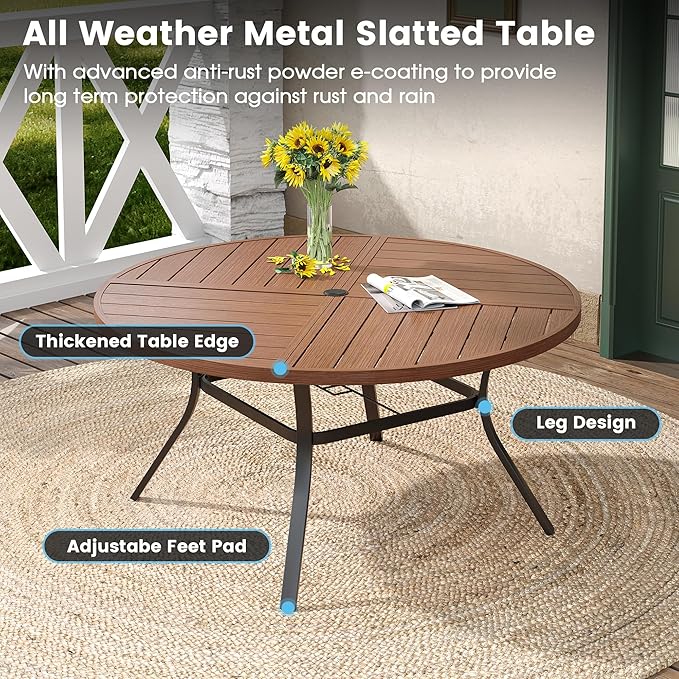 DIFY 7 Pieces Outdoor Patio Dining Set, 6 Brown Textilene Swivel Dining Chairs and 53.1" Walnut Round Metal Dining Table, Outdoor Table and Chairs