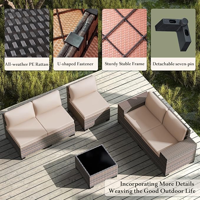 16 Pieces Outdoor Patio Furniture Set Outdoor Furniture Patio Sectional Sofa Conversation Sets w/ETL Approved 45" Gas Outdoor Fire Table & Coffee Table, Swivel Rocking Chair (Brown)