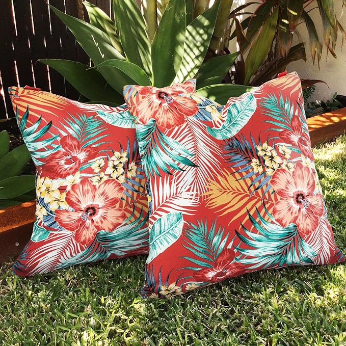 Throw Pillow with Insert, Set of 2, Outdoor Indoor Waterproof Decorative Patio Throw Pillow 18x18 Inch, Square Cushion for Couch Sofa Garden Farmhouse Decoration-Chili Red Floral
