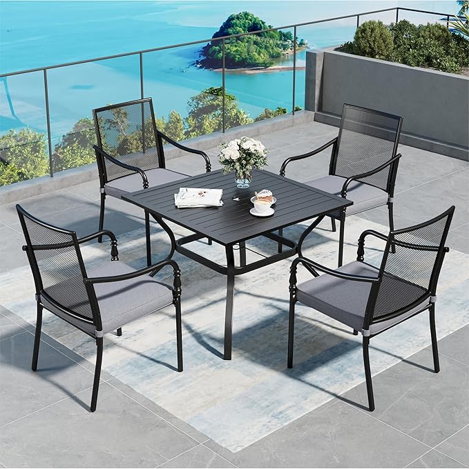 Patio Table and Chairs Set of 4, All-Weather Breathable Metal Mesh Patio Chair with Gourd-Shaped Armrests, 37x37 Square Table with Umbrella Hole, 5 Pcs Metal Frame Patio Dining Set