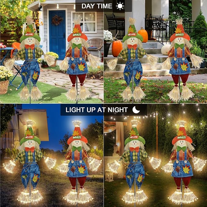 Fall Decorations Outdoor Scarecrow with Firework Lamp, Solar Powered Autumn Harvest Thanksgiving Halloween Decor for Yard,Garden,Porch, Farmhouse - 39 Inch