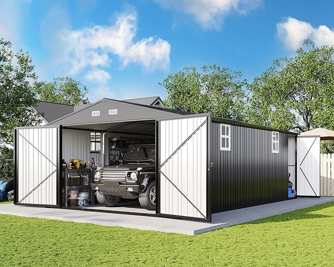 AMERLIFE 13x21x8.4 FT Outdoor Metal Garage Shed, Extra Large Storage Shed with Double Hinged Doors & 4 Windows, Carport for Car, Truck, Bicycle and Equipment Storage, Dark Gray