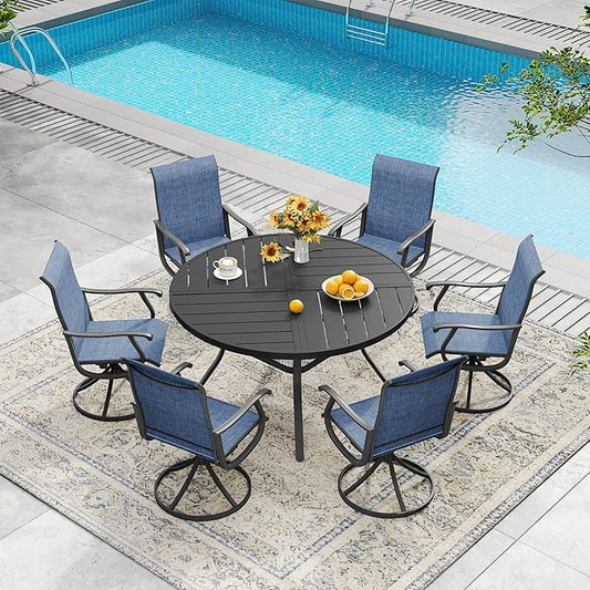DIFY 7 Pieces Outdoor Patio Dining Set, 6 Blue Textilene Swivel Dining Chairs and 47.2" Black Round Metal Dining Table, Outdoor Table and Chairs