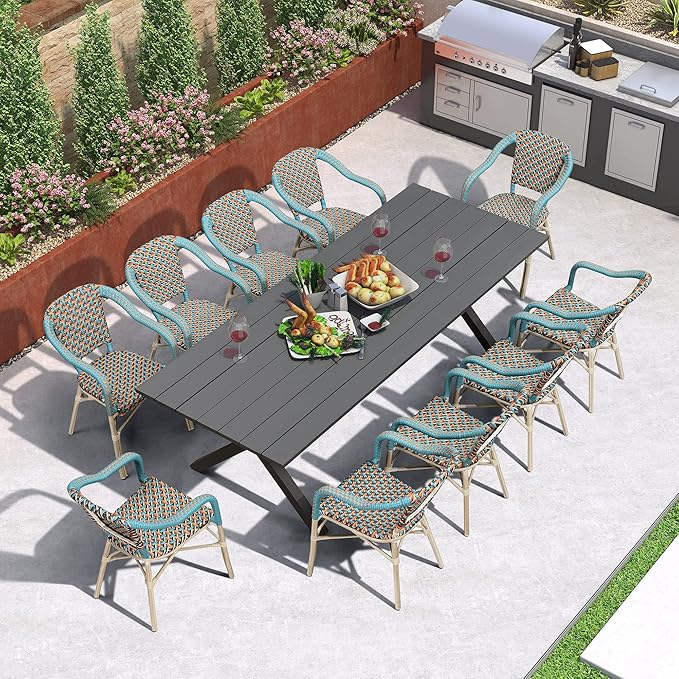 PURPLE LEAF 11 Pieces Outdoor Table and Chair Set Patio Furniture Set with Large Rectangular Table and 10 French Dining Chairs for Poolside Deck Colorful Patio Dining Set