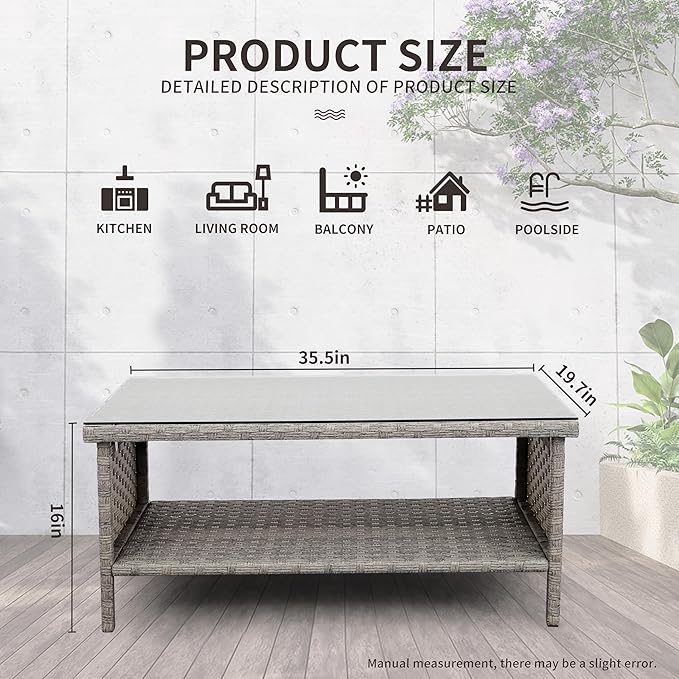 WAROOM Outdoor PE Wicker Coffee Table - Patio Rattan Garden Side End Tea Table with Glass Top Furniture, Grey