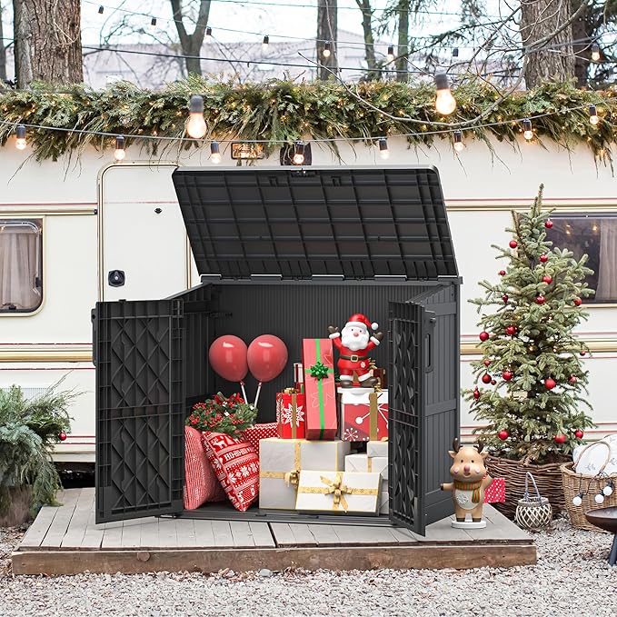 Light Gray Outdoor Resin Storage Shed 36 Cu. Ft. Garden Horizontal Storage Extra Large Capacity Weather Resistant Storage Box, Lockable Resin Waterproof Shed for Garbage Cans, Garden Tools