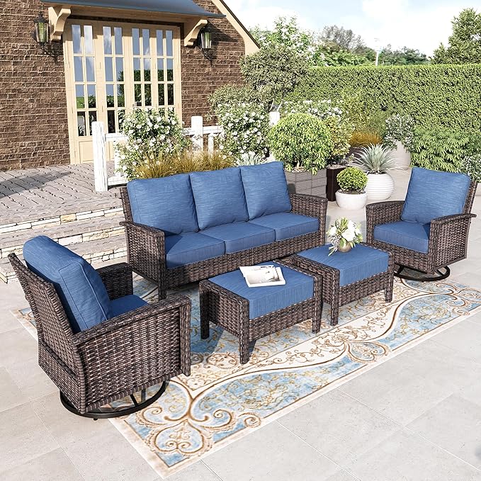 HERA'S HOUSE Wicker Patio Furniture Set, 35" High Back Swivel Chairs with 5.5" Thick Cushions, 5 Pieces Outdoor Seating Furniture, Deck Conversation Set with Ottomans for Lawn Yard Porch, Blue