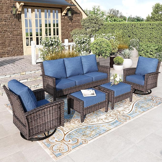 HERA'S HOUSE Wicker Patio Furniture Set, 35" High Back Swivel Chairs with 5.5" Thick Cushions, 5 Pieces Outdoor Seating Furniture, Deck Conversation Set with Ottomans for Lawn Yard Porch, Blue