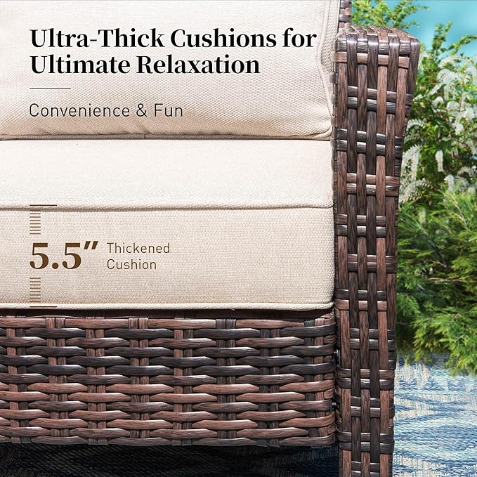 Patio Furniture Set with Swivel Chairs, High Back Wicker Rattan Furniture with 5.5" Thick Cushions, Fire Pit Table and Ottomans, All Weather Outdoor Conversation Set for Backyard Deck,7 Seats, Beige