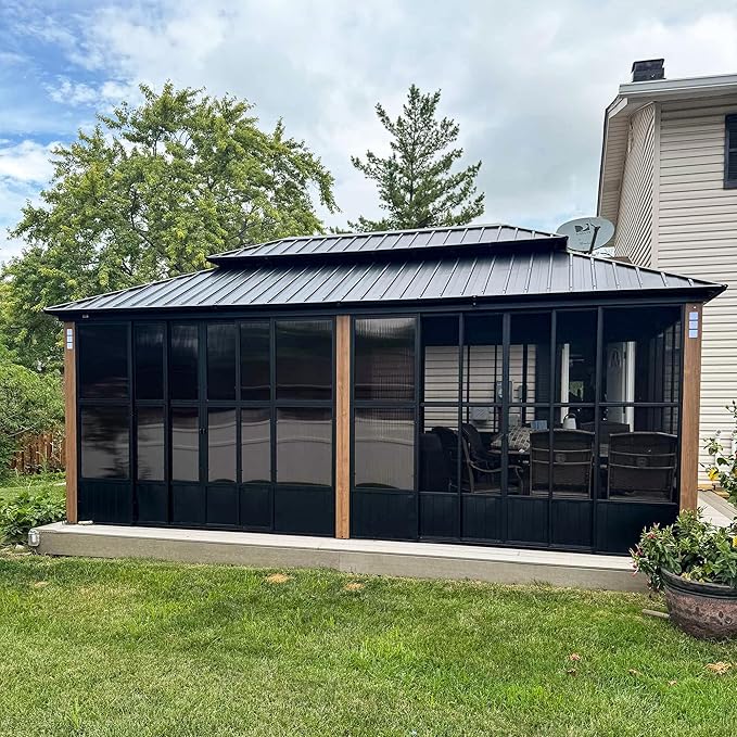 PURPLE LEAF 12' X 20' Sunroom Patio Hardtop Gazebo Double Top Galvanized Steel Screen House Aluminum Sun Room Outdoor Solarium for Garden Backyard