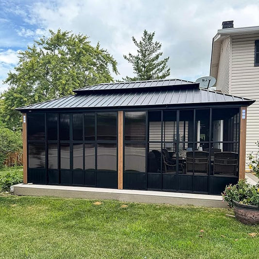 PURPLE LEAF 12' X 20' Sunroom Patio Hardtop Gazebo Double Top Galvanized Steel Screen House Aluminum Sun Room Outdoor Solarium for Garden Backyard