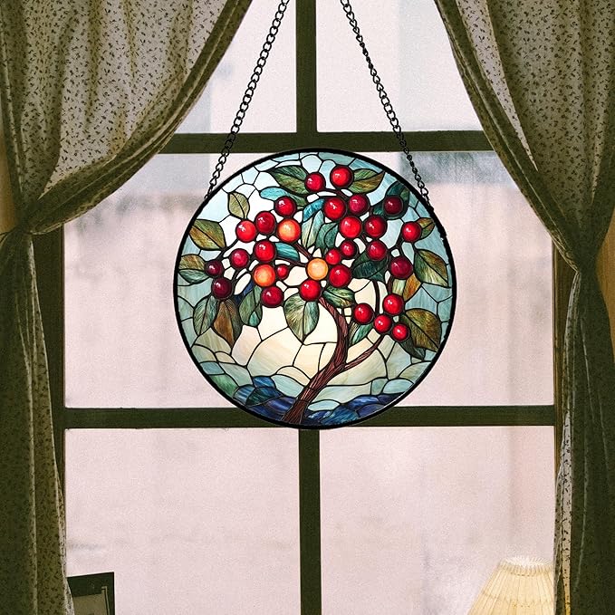 CRIS GIF Stained Glass Window Hanging - Red Fruit Tree Landscape Suncatcher for Doors Garden Patio Sun Catchers Decor Christmas Mother's Day Birthday Gifts for Women Men Mom Nana Friend 9.8 in