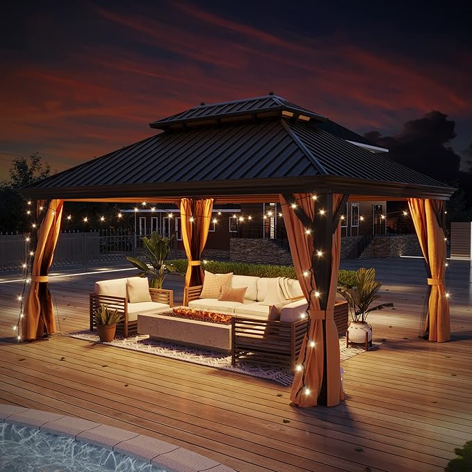 12' X 16' Hardtop Gazebo, Outdoor Galvanized Steel Double Roof Permanent Aluminum Frame Pavilion Pergola Canopy with Privacy Curtains for Garden, Patio, Backyard, Deck and Lawns.