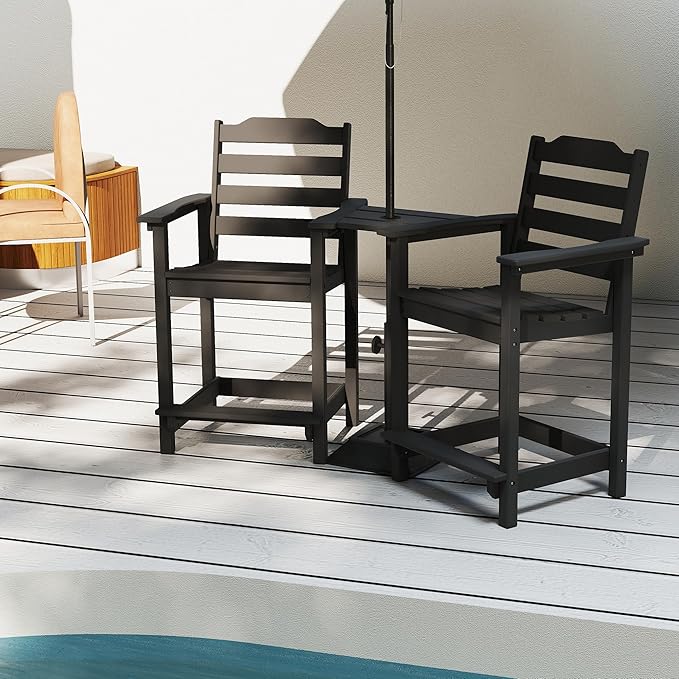 OTSUN Tall Adirondack Chairs Set of 2 with Connecting Tray, 24 inches HDPE Bar Height Outdoor Chairs, All Weather Resistant for Balcony, Porch, Kitchen (2 PCS, Black)