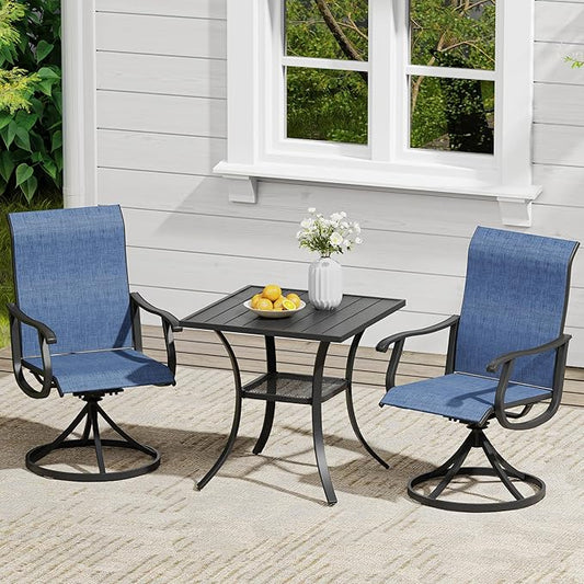 VICLLAX 3 Pieces Outdoor Dining Set, Patio Furniture Set of 2 Patio Swivel Dining Chairs and Small Dining Table with Storage Shelf, Navy Blue Chairs & Black Tabletop