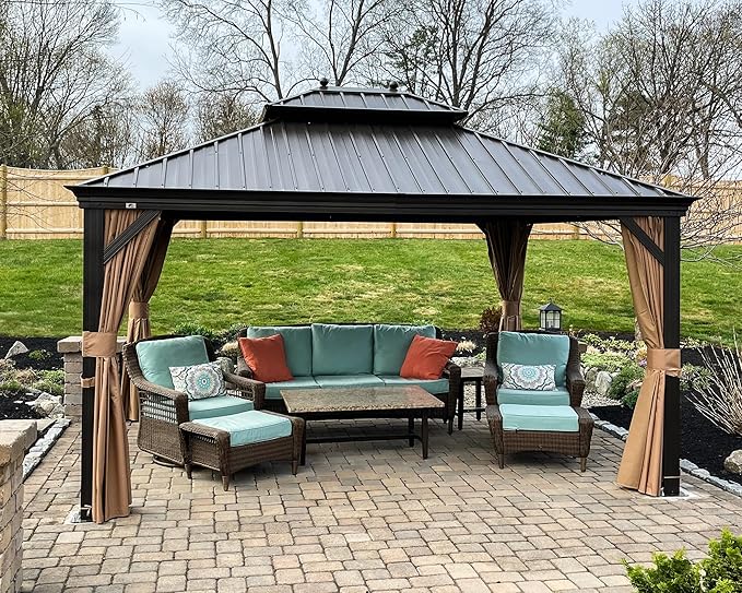 PURPLE LEAF 12' x 14' Hardtop Gazebo Outdoor Metal Roof Sun Shade Tent with Curtains and Netting Patio Canopy Permanent Pavilion