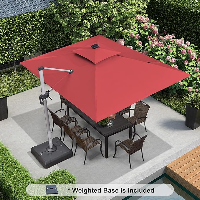 PURPLE LEAF 9' X 12' Solar Powered LED Square Cantilever Umbrella With Base Patio Umbrellas Windproof Hanging Umbrella Outdoor Umbrellas, Terra