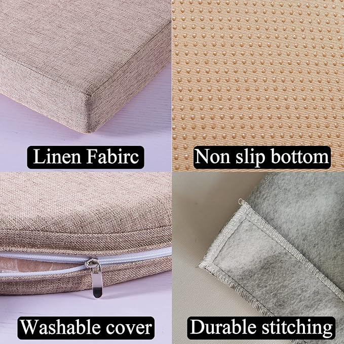 48 x 18 Inch Piano Bench Cushions for Indoor Furniture with Ties Non Slip Kitchen Dining Room Bench seat Cushion for Shoe Storage Ottoman Window Settee Pad，Khaki