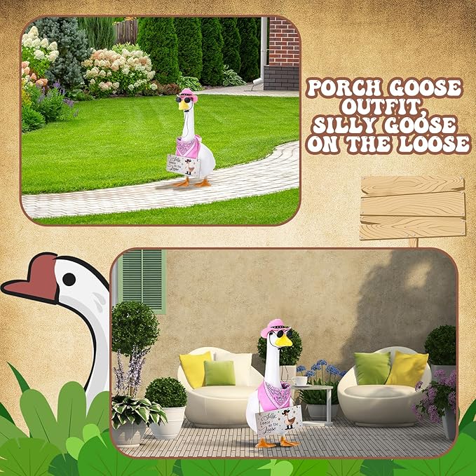 Western Cowboy Porch Goose Outfits, Lawn Cement Plastic Goose, Silly Goose on The Loose Wood Cowboy Hat Bandana Glasses (Pink)