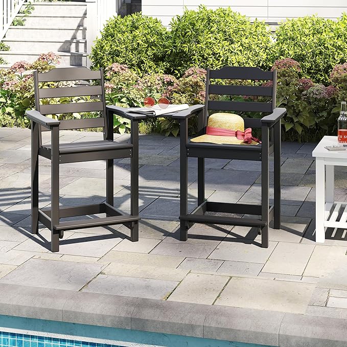 OTSUN 24 Inch HDPE Counter Height Outdoor Chair, All Weather Resistant Adirondack Bar Stools for Balcony, Porch Kitchen(1 PC, Black)