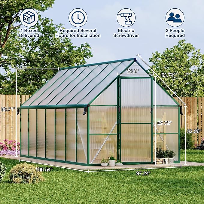 8X14 ft Polycarbonate Greenhouse with Aluminum Frame, Polycarbonate Greenhouse for Outdoors, Greenhouses with Ventilation and Rain Gutter, Aluminum Large Walk-in Greenhouses for Outside