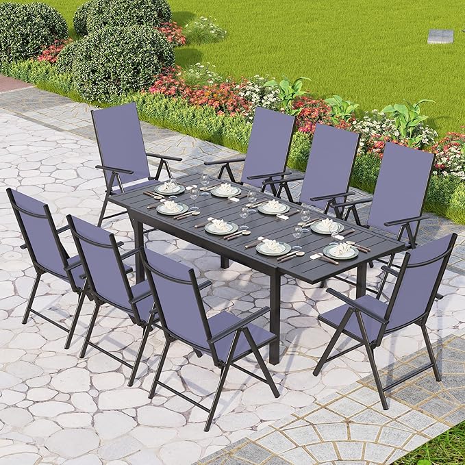 PHI VILLA 7 Piece Outdoor Patio Dining Set, Adjustable Folding Patio Chairs Reclining (Blue) with Extendable Metal Steel Dining Table for Outdoor, Garden, Lawn
