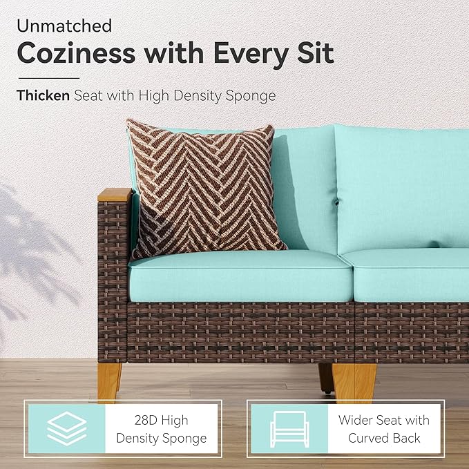 GREEN PARTY 7 Pieces Wicker Patio Furniture Set, All-Weather Outdoor Rattan Patio Sectional Sofa Conversation Set 7 Seats with 4" Thick Cushions for Garden, Backyard, 2 x Ottomans (Blue)