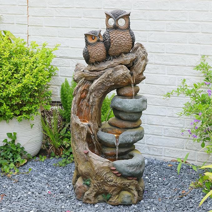 34.3''H Outdoor Water Fountain Owl Tree Stump, 4 - Tier Cascading Waterfall Garden Fountains with LED Lights & Pump Water Feature Resin for Patio, Deck, Yard, Home Decor