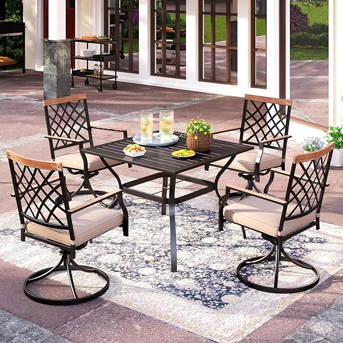 PHI VILLA 5-Piece Outdoor Dining Set, 4 Steel Metal Swivel Patio Chairs & 1 Square Dining Table, Wood-Like Pattern Armrest