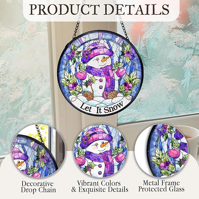 kdqua Christmas Snowman Suncatcher Stained Glass Window Hanging, Let It Snow Winter Snowman Sun Catchers Indoor Window Glass Round Wall Decor, Christmas Wall Art Hanging Decorations Statues, 7.9x7.9in