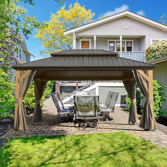 Domi 12'x16' Cedar Wood Gazebo with Double Roof Steel Hardtop,Solid Wood Frame Gazebo,Curtains and Netting Included for Garden, Backyard