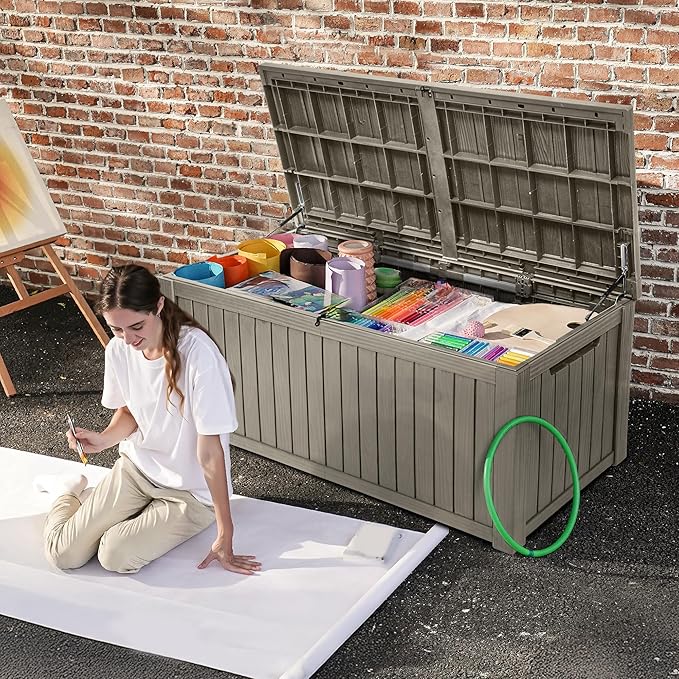 DWVO 150 Gallon XL Deck Box with Divider & Lockable Lid, Waterproof Resin Outdoor Storage for Patio, Garden, Poolside, Cushions, Supplies & Sports Gear, Light Brown