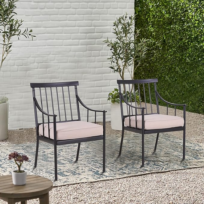 PHI VILLA Outdoor Metal Dining Chairs with Cushion, 300lbs Black Heavy Duty Weatherproof Chairs for Patio, Deck, Yard - Set of 4