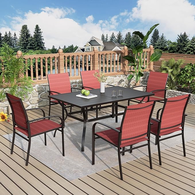 Patio Table and Chairs Set, Patio Dining Sets for 6 with Red Chairs and Metal Rectangular Table, 7-Piece Patio Furniture Set for Deck Backyard Poolside