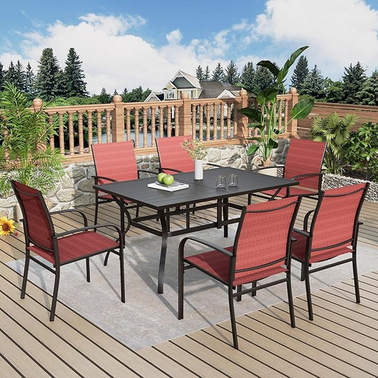Patio Table and Chairs Set, Patio Dining Sets for 6 with Red Chairs and Metal Rectangular Table, 7-Piece Patio Furniture Set for Deck Backyard Poolside