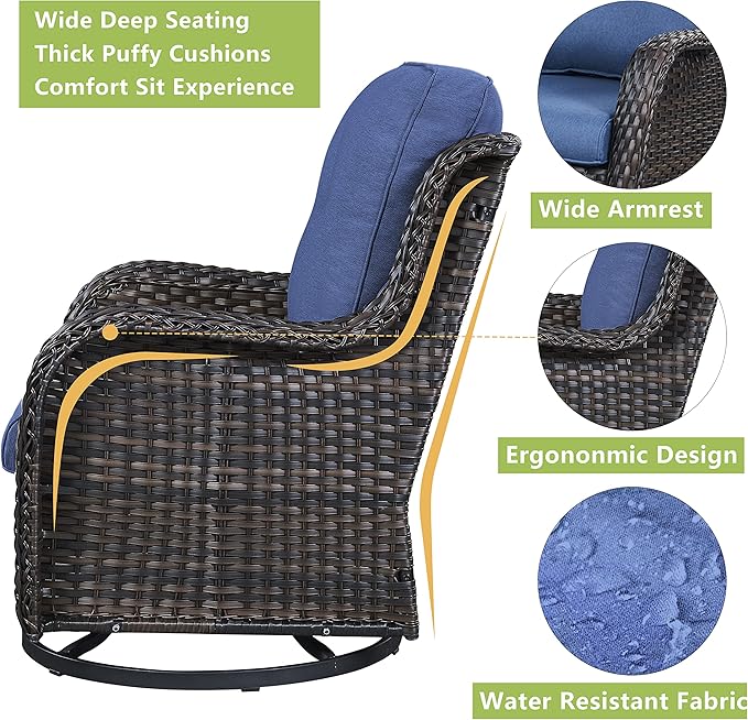 Rilyson 5 Piece Outdoor Patio Furniture Set - Rattan Wicker Patio Conversation Sets with 2 Swivel Rocker Chairs,2 Ottomans and 1 Sofa for Outside Porch Deck Backyard(Brown/Blue)