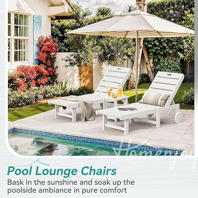 Outdoor Chaise Lounge Chairs with Table, 2-Piece, 26.8” Super Wide Lounge Chair Outdoor, HDPS Pool Chairs with 5 Positions, Patio Lounge Chair with Wheels for Pool,Lawn,Backyard, White