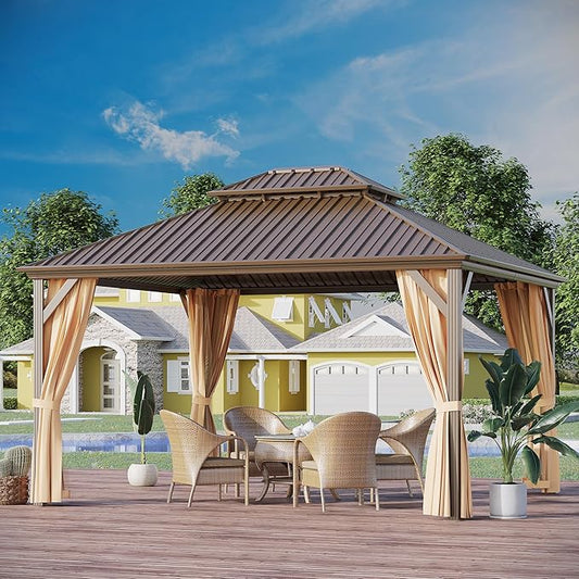 12x14 ft Hardtop Gazebo Outdoor Aluminum Patio Gazebo Double Roof Galvanized Steel Canopy with Netting and Curtains for Garden, Backyard,Deck and Lawns