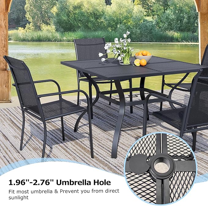 5 Pieces Sqaure Dining Table Set for 4, Patio Dining Set Includes 4 Black Stackable Patio Chairs and 1 Black Mesh Square Table, Patio Furniture Sets with Sling Support for Outside, Garden