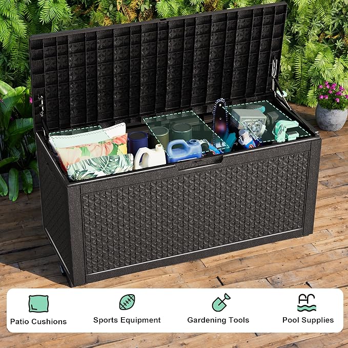 New 100 Gallon Outdoor Storage Box – Resin Deck Box with Lockable Lid, Waterproof Patio Furniture Storage for Tools, Garden & Yard Organization