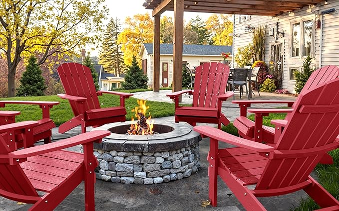 YEFU Adirondack Chairs Set of 2: Plastic Adirondack Chairs - Patio Chairs with Wood Texture - Outdoor Chair HIPS - Lawn Fire Pit Deck Porch Garden Chairs for Adults (Red)