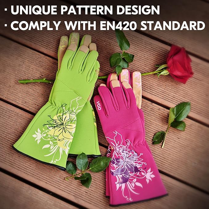 Vgo 1-Pair Ladies' Synthetic Leather Gardening Gloves, Long Sleeves Gauntlet, Breathable & Grip Work Gloves, High Dexterity, Washable (Size L, Red, SL7445)