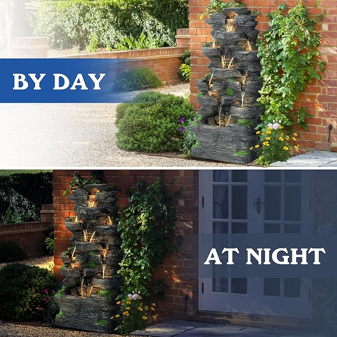 TITIMO 10-Tier Cascading Rock Water Fountain Outdoor Garden Waterfall with Lights,Fountain Indoor Decor for Garden, Patio, Backyard, Deck, Porch and Home Art Decor