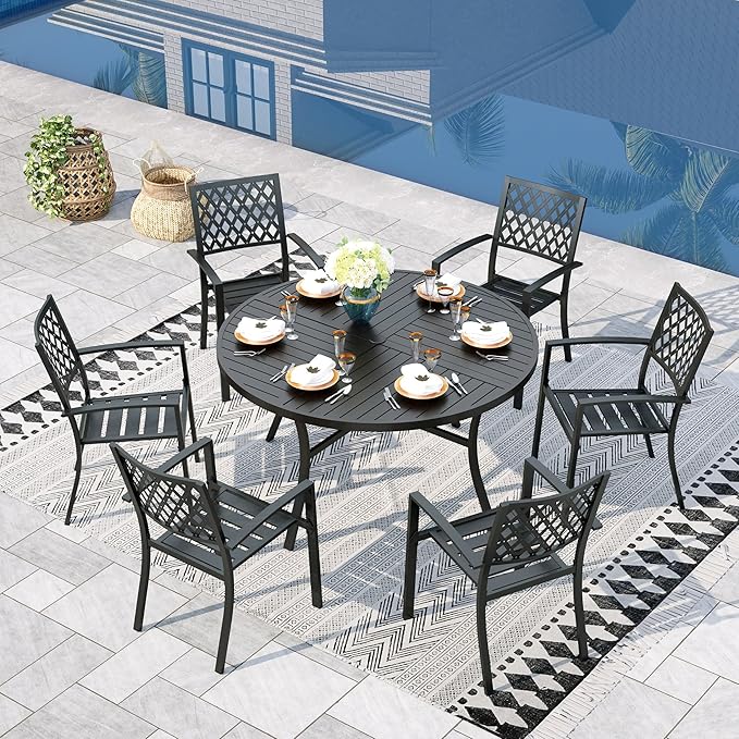 Sophia & William Round Patio Table and Chairs Set, Outdoor Dining Set for 6, 7 Piece Metal Patio Furniture, 54" Black Table(Diamond)