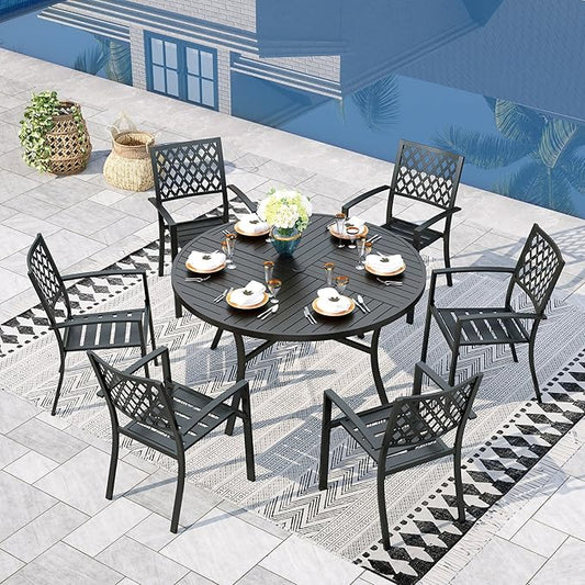 Sophia & William Round Patio Table and Chairs Set, Outdoor Dining Set for 6, 7 Piece Metal Patio Furniture, 54" Black Table(Diamond)