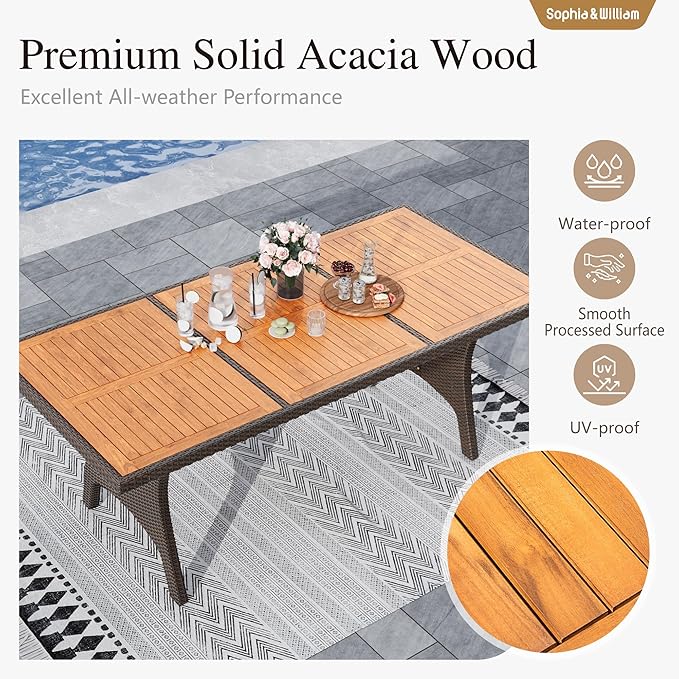 Sophia & William 74 inch Outdoor Dining Table, Acacia Wood & Wicker Patio Dining Table for 6-8 Person, Metal Legs & Adjustable Foot Pads, Large Rectangular Table for Garden, Porch, Backyard